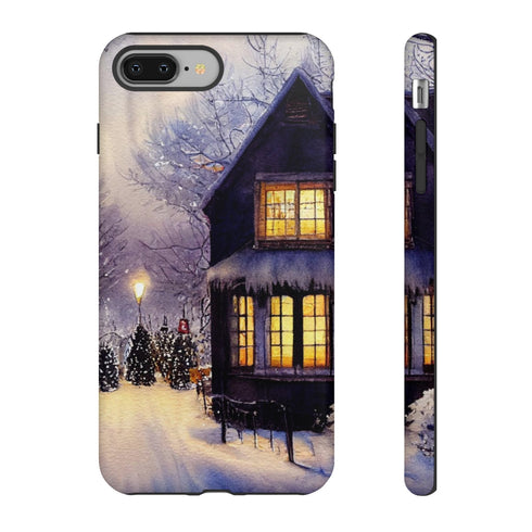 Glowing Homes in the Snow with Christmas Decorations - Impact Resistant Phone Case iPhone 8 Plus Matte